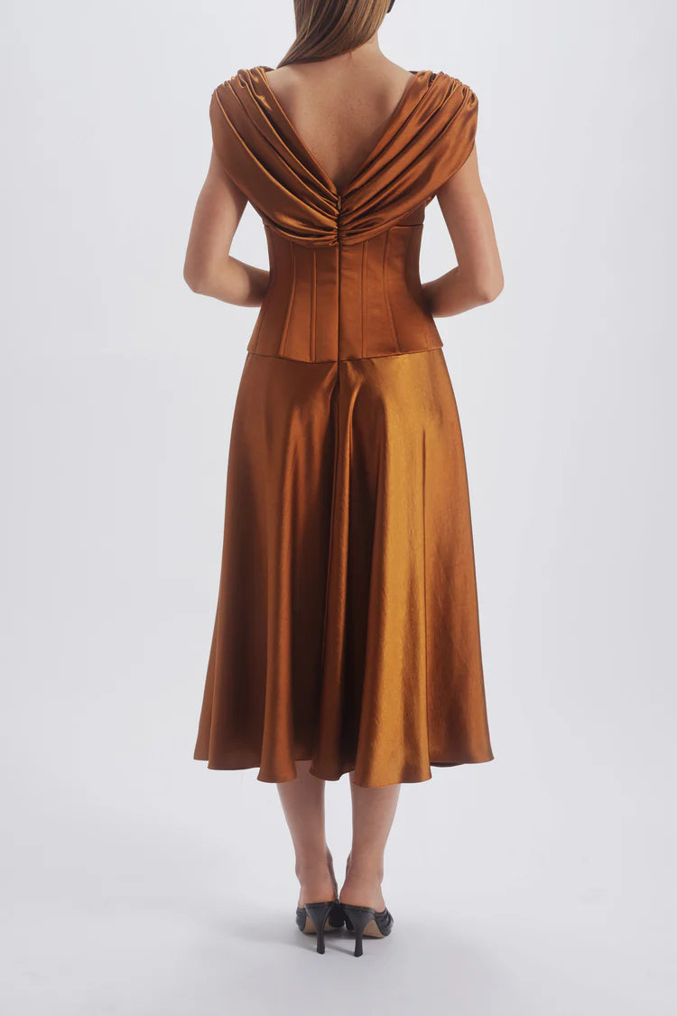 Copper Draped Cowl Neck Corset Midi Evening Dresses