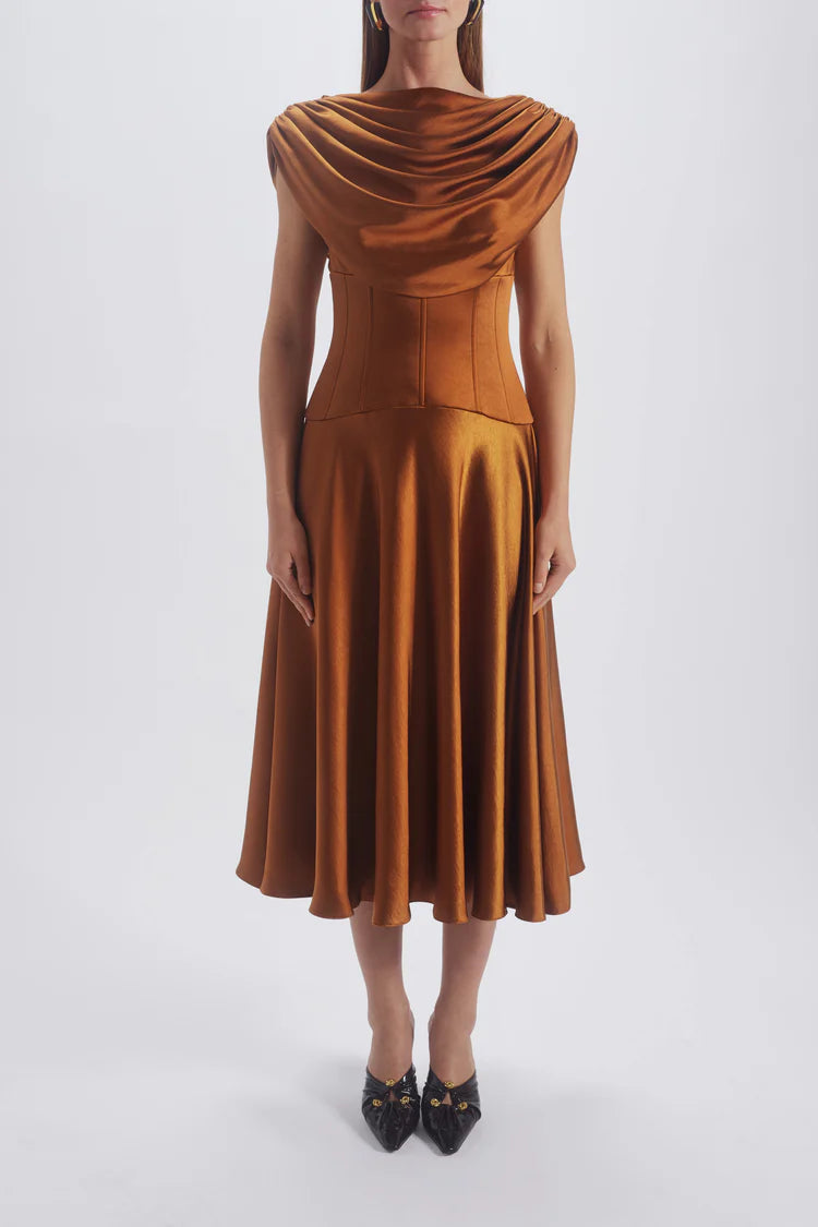 Copper Draped Cowl Neck Corset Midi Evening Dresses