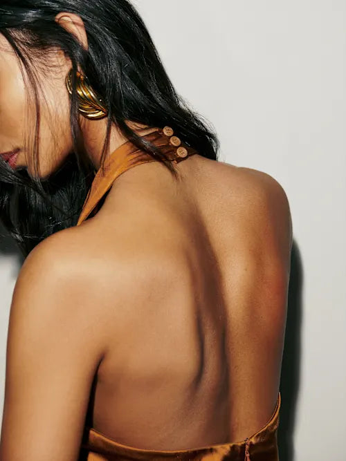 Copper Satin Halter Neck Deep V Open Back Maxi Prom Gown