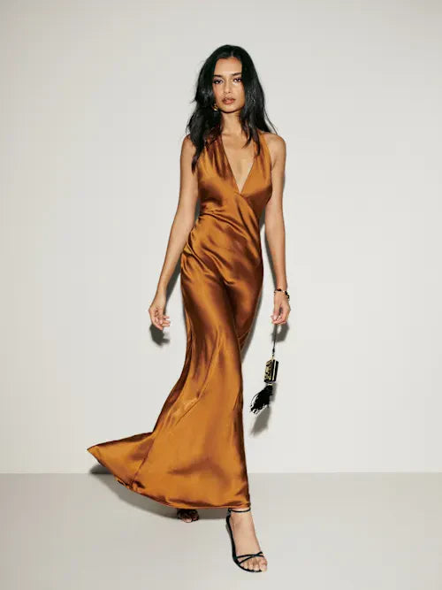 Copper Satin Halter Neck Deep V Open Back Maxi Prom Gown