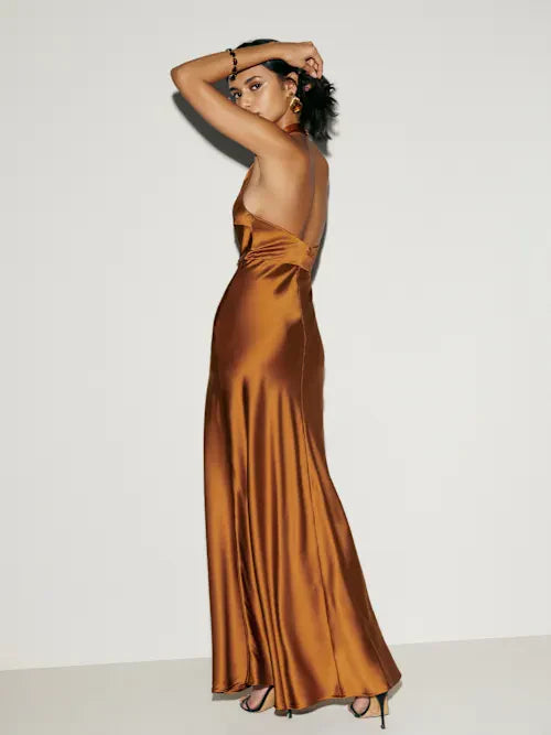 Copper Satin Halter Neck Deep V Open Back Maxi Prom Gown