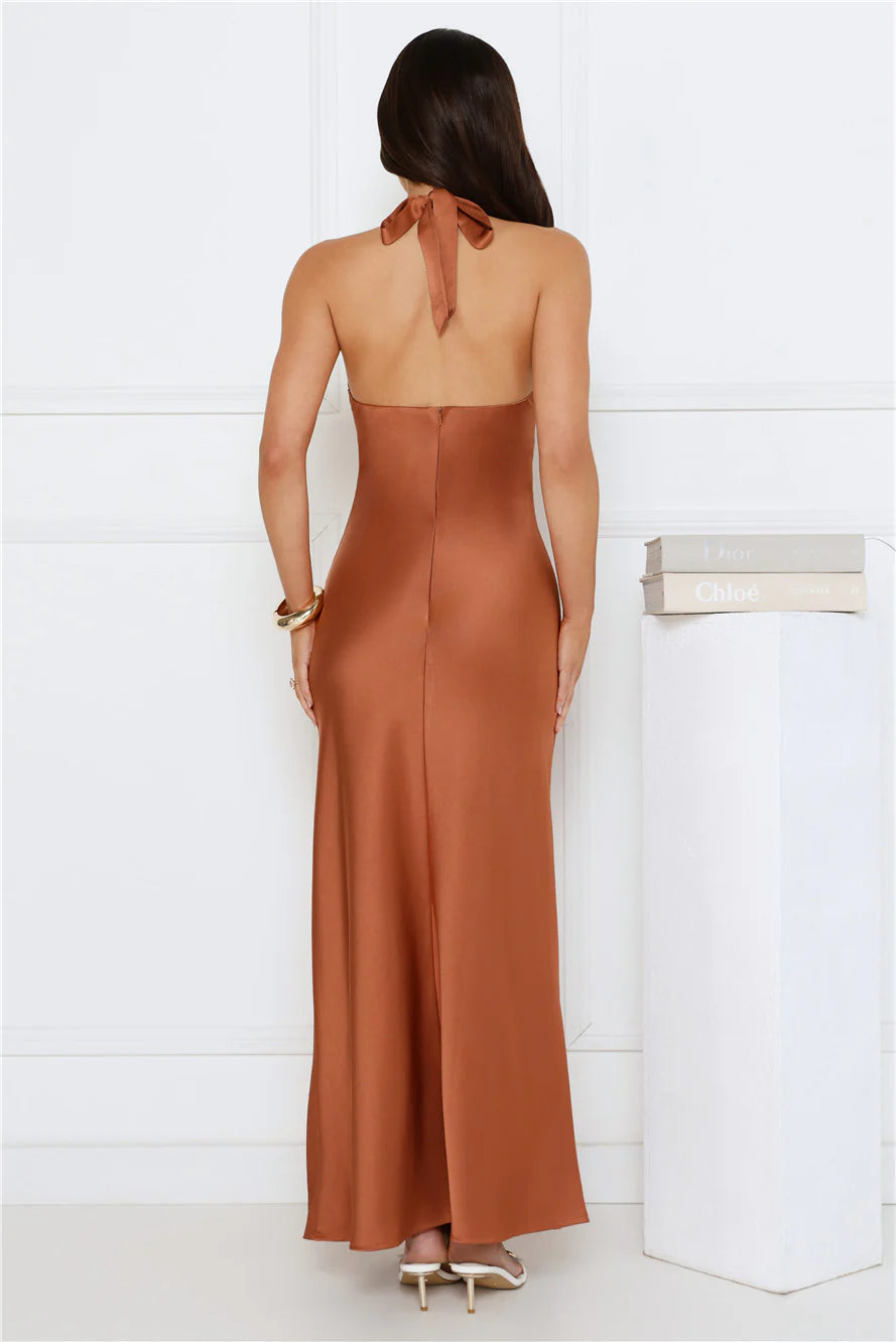 Copper Satin Halter Neck Maxi Evening Dresses with Ring Detail & Open Back
