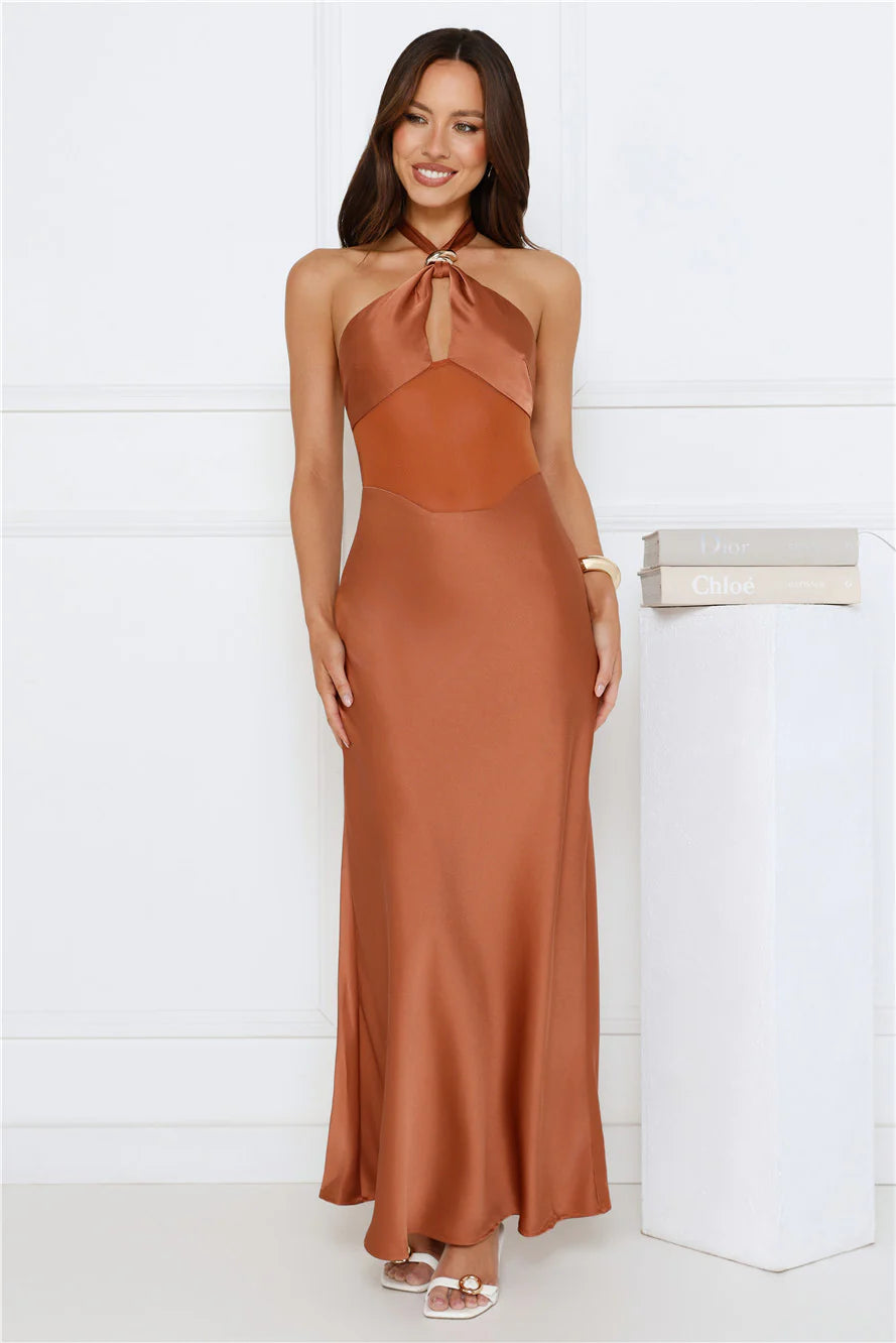 Copper Satin Halter Neck Maxi Evening Dresses with Ring Detail & Open Back