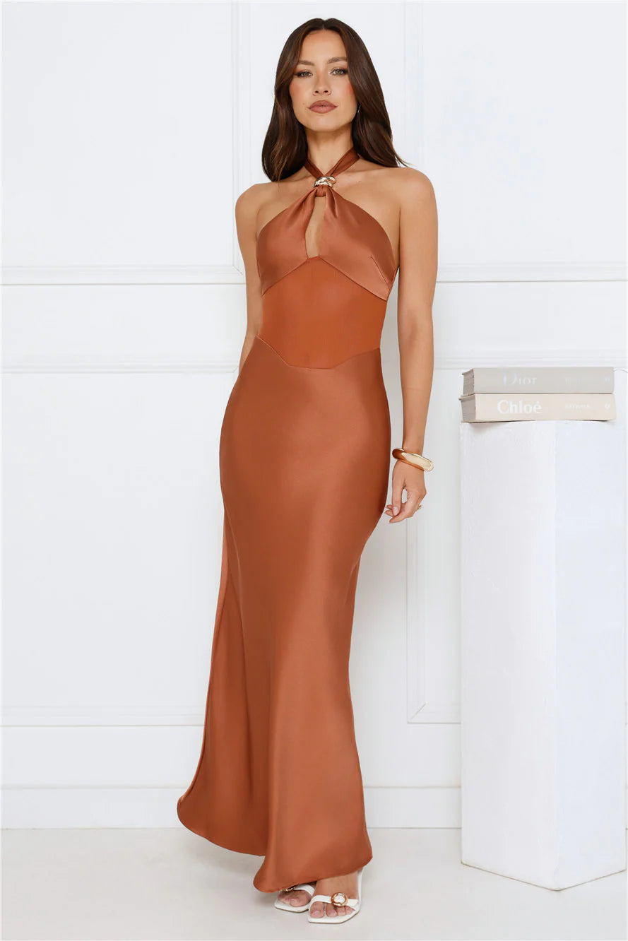 Copper Satin Halter Neck Maxi Evening Dresses with Ring Detail & Open Back