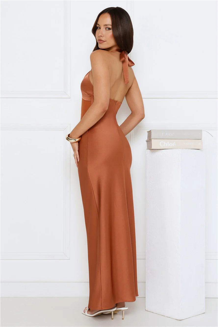 Copper Satin Halter Neck Maxi Evening Dresses with Ring Detail & Open Back