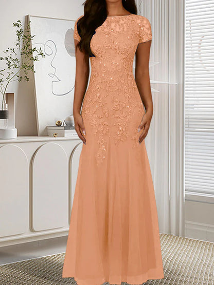 Mermaid round neck sequined chiffon dress long