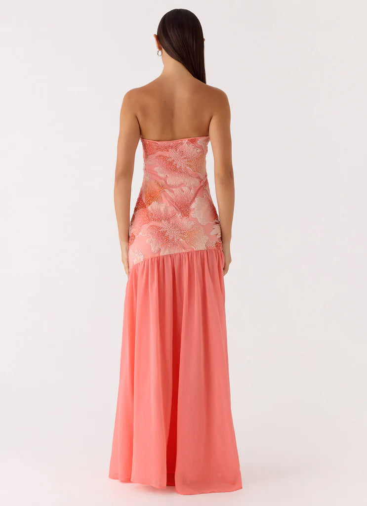 Coral Floral Beaded Strapless Maxi Evening Dresses with High Slit & Chiffon Skirt