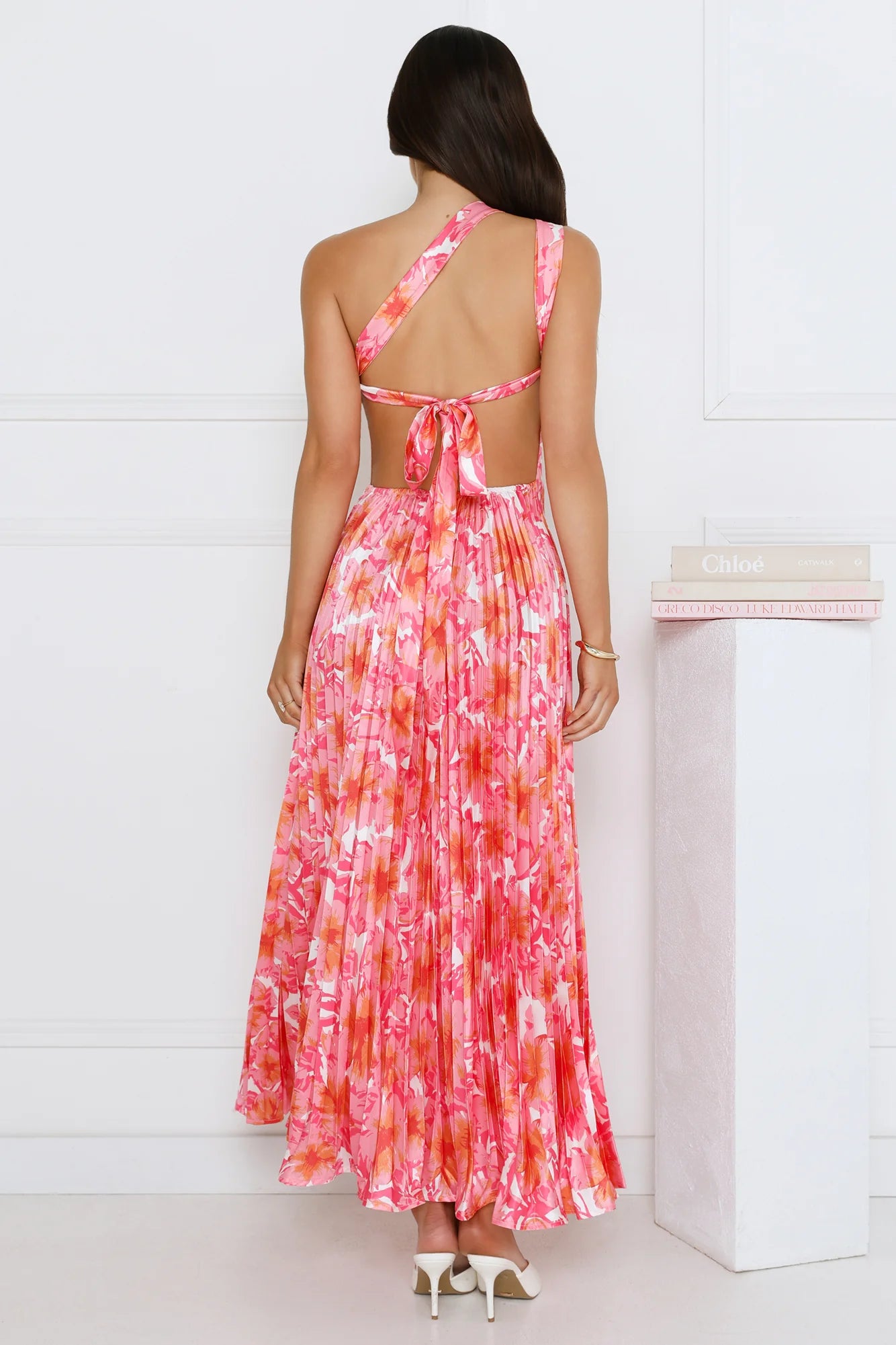 Coral Floral Print One-Shoulder Pleated Tie-Back Midi Evening Dresses
