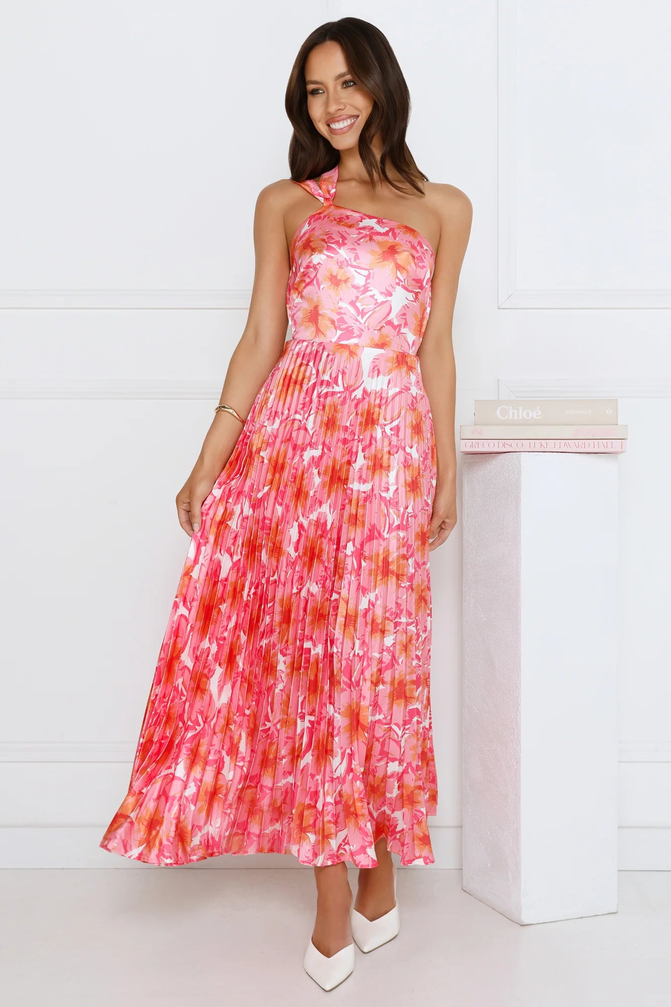 Coral Floral Print One-Shoulder Pleated Tie-Back Midi Evening Dresses