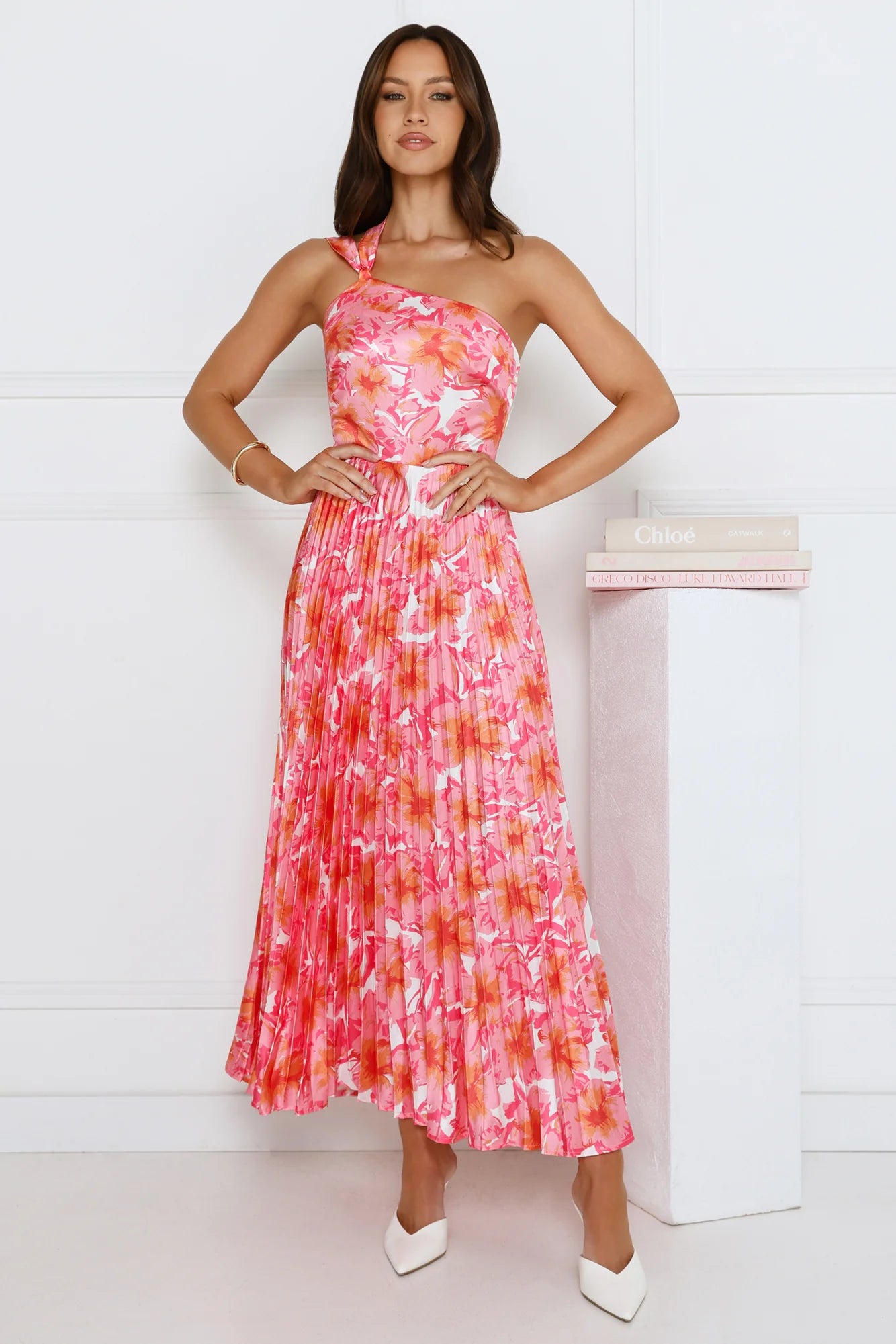 Coral Floral Print One-Shoulder Pleated Tie-Back Midi Evening Dresses