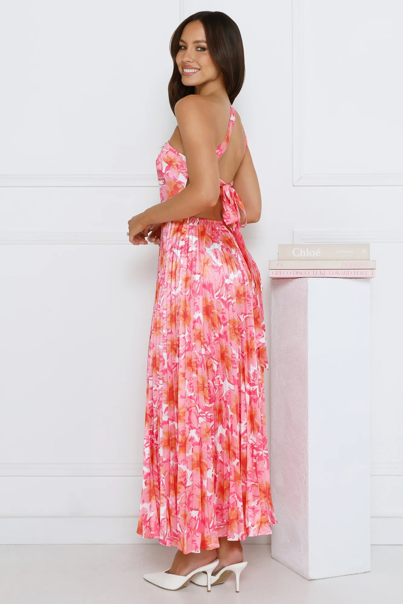 Coral Floral Print One-Shoulder Pleated Tie-Back Midi Evening Dresses