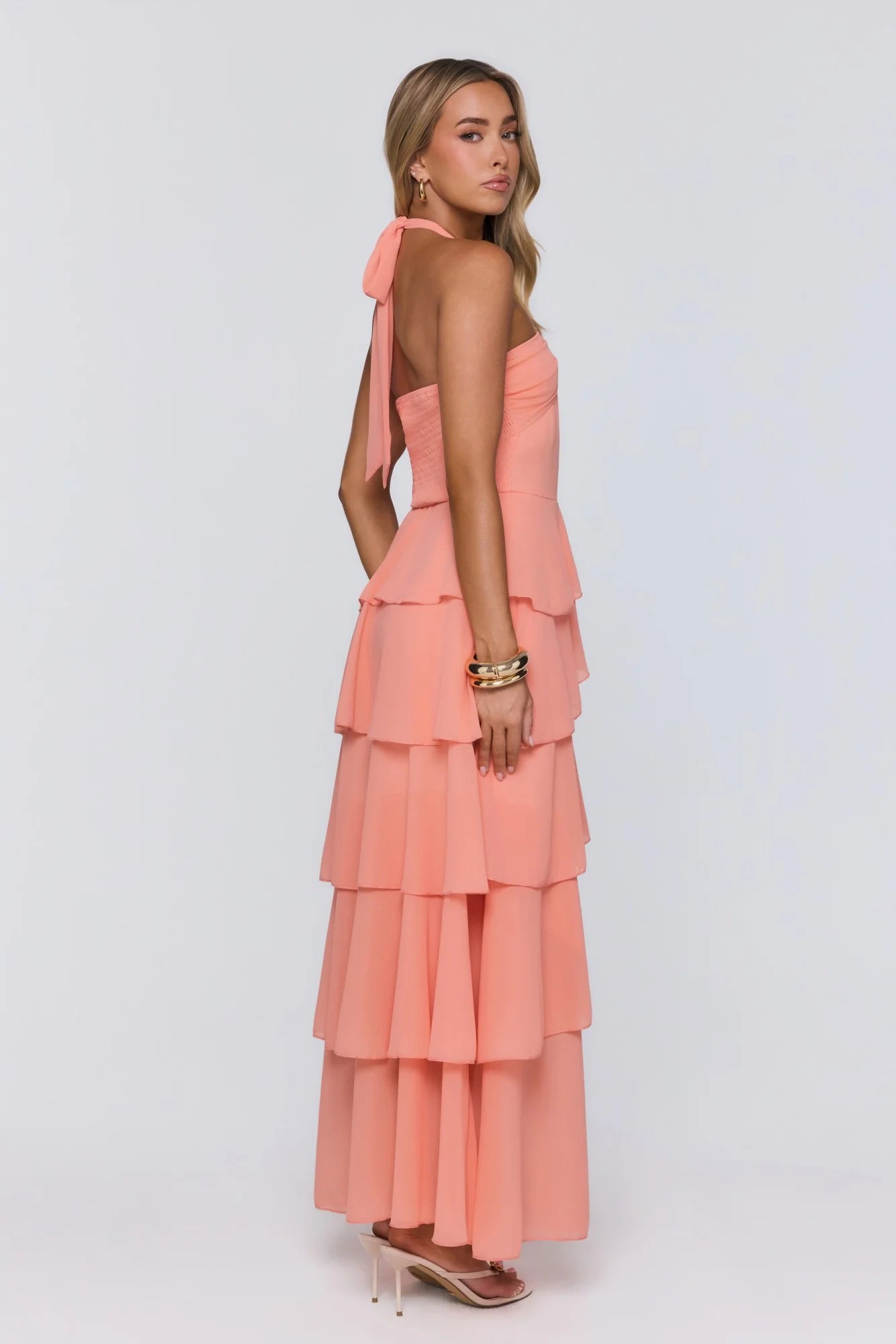 Coral Halter Neck Tiered Chiffon with Keyhole Evening Dress