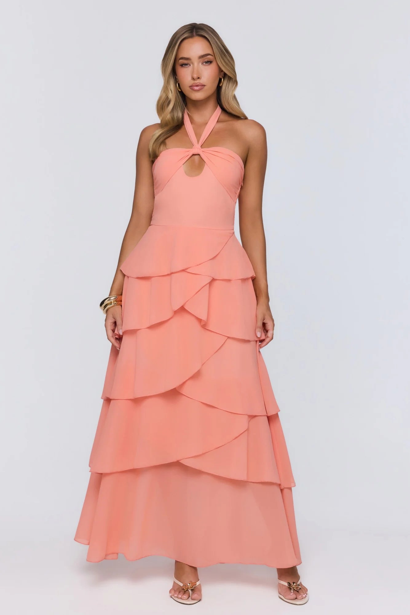 Coral Halter Neck Tiered Chiffon with Keyhole Evening Dress