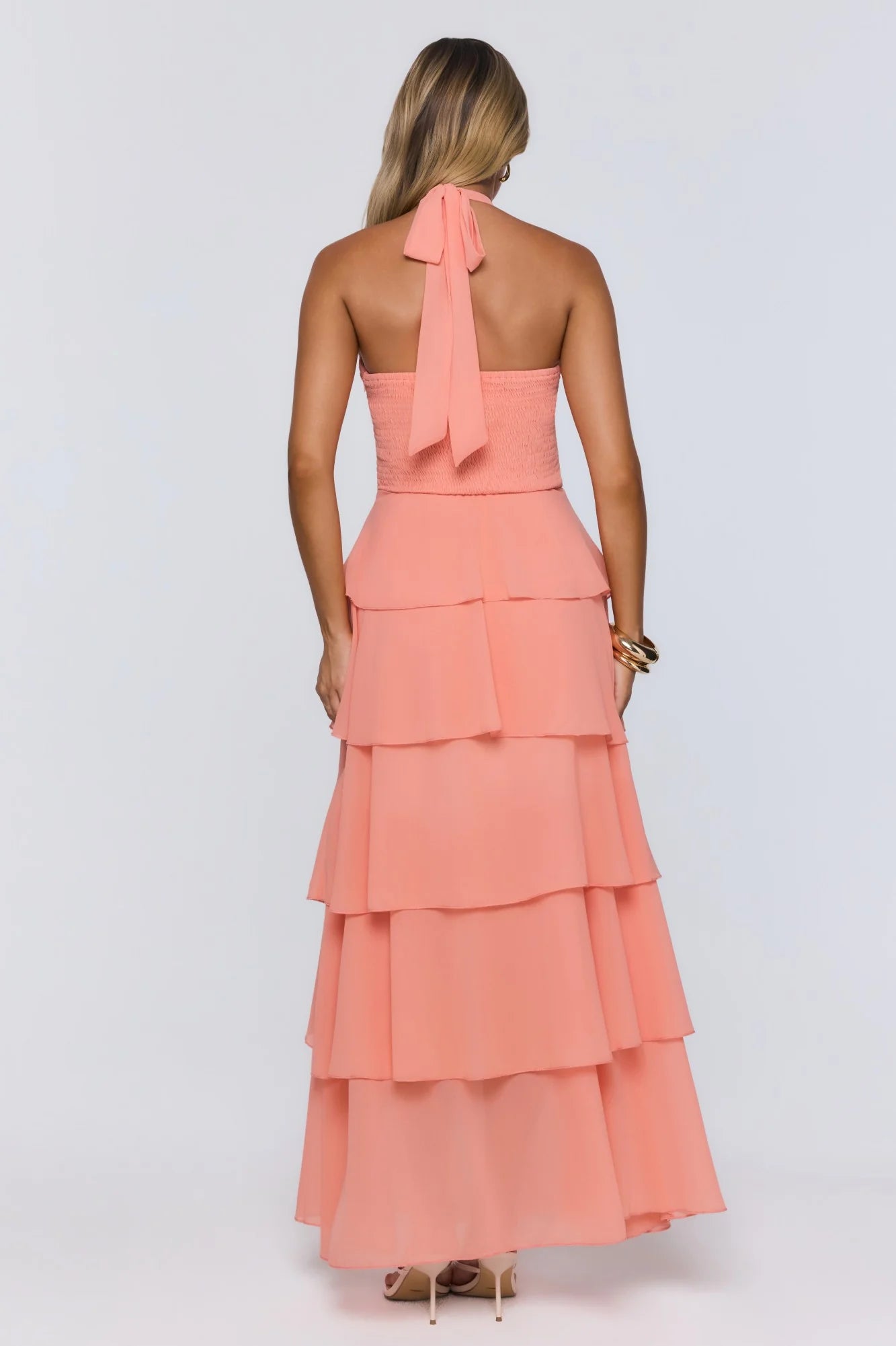 Coral Halter Neck Tiered Chiffon with Keyhole Evening Dress