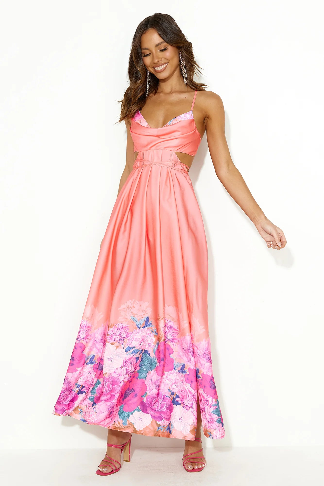 Coral Pink Floral Print Satin Cutout Crisscross Back Maxi Dresses