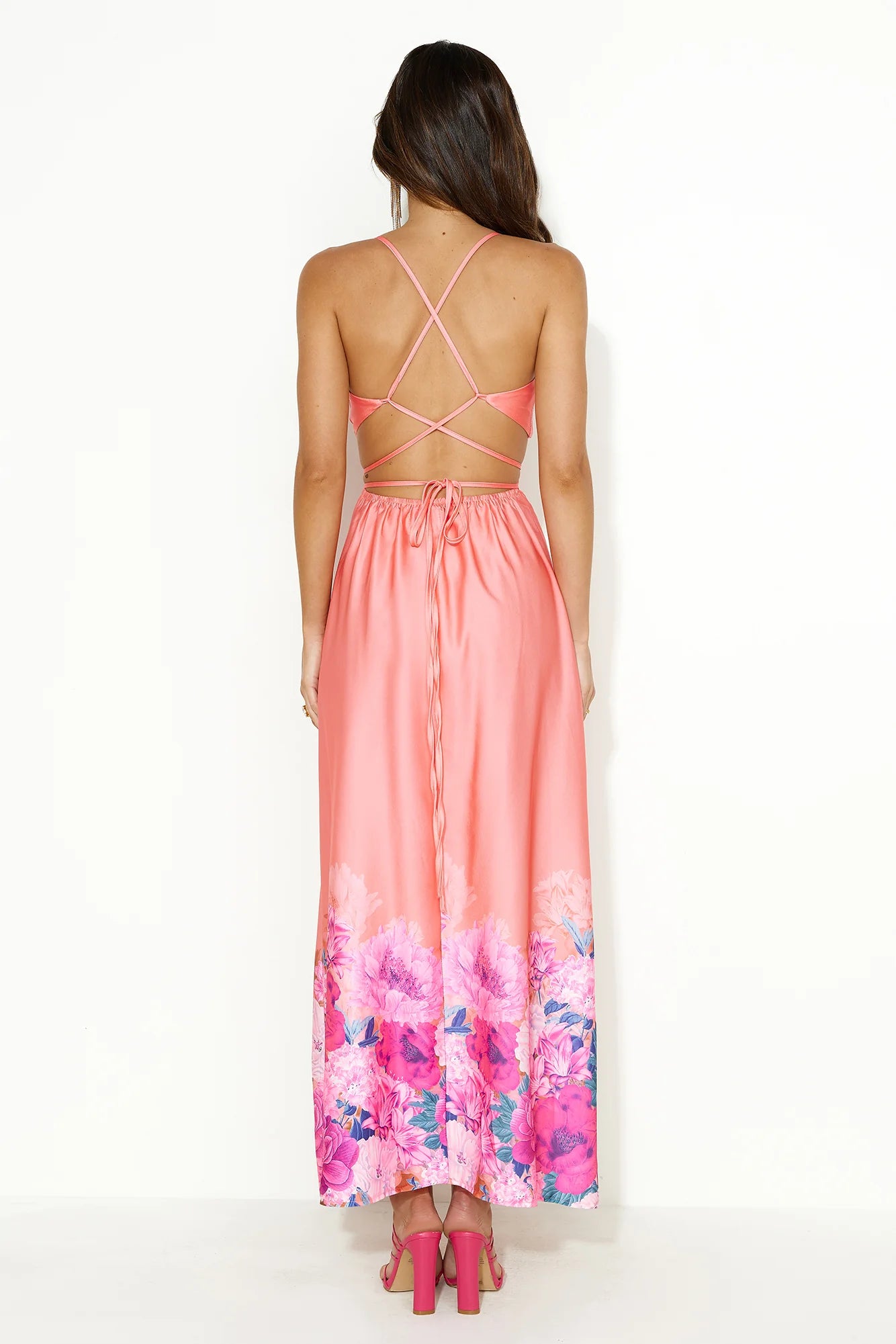 Coral Pink Floral Print Satin Cutout Crisscross Back Maxi Dresses