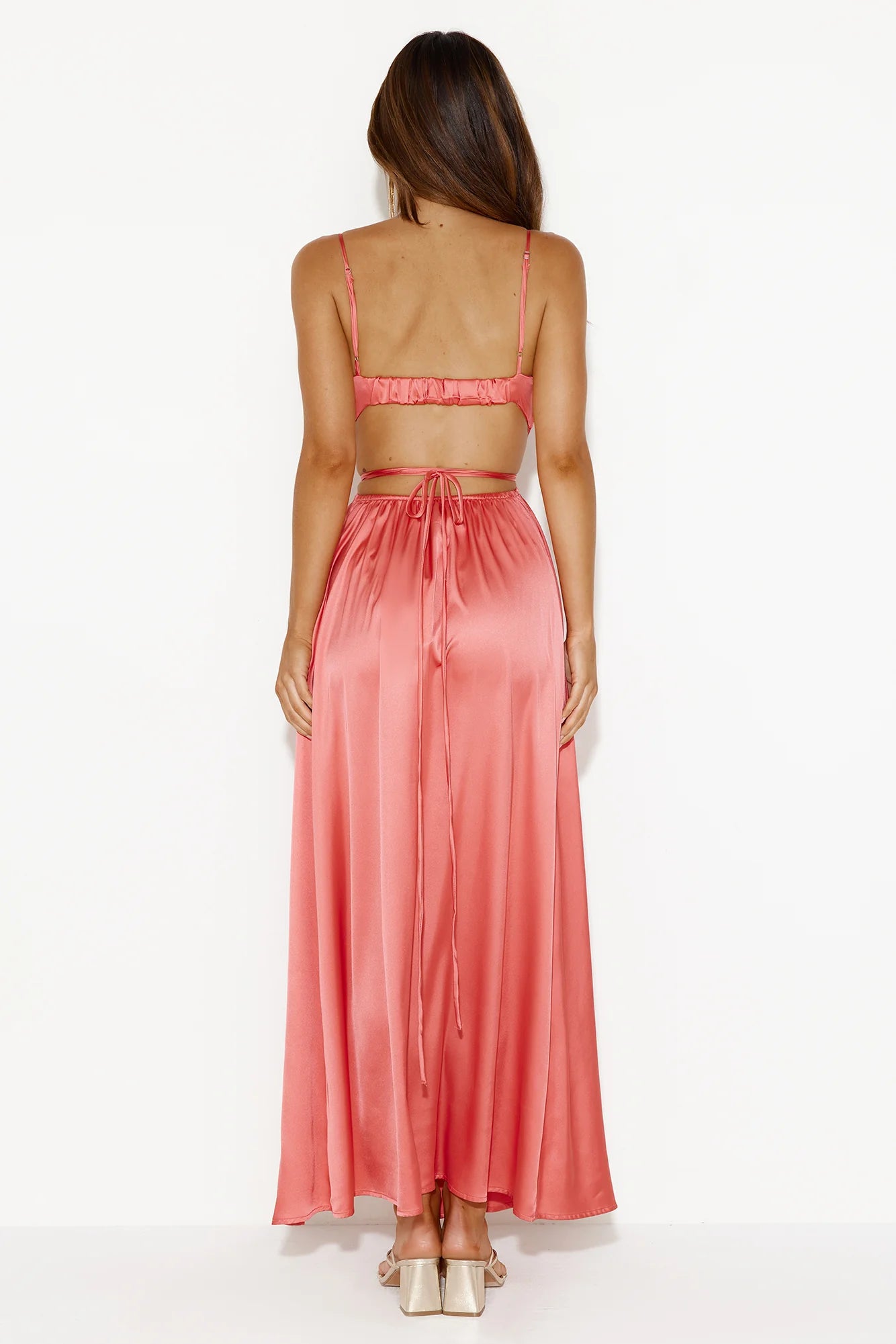 Coral Satin Cut Out Waist Lace-Up Back High Slit Evening Dresses