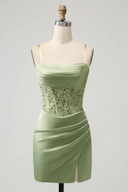 Corset Sequin Mini Homecoming Dress in Sage Green
