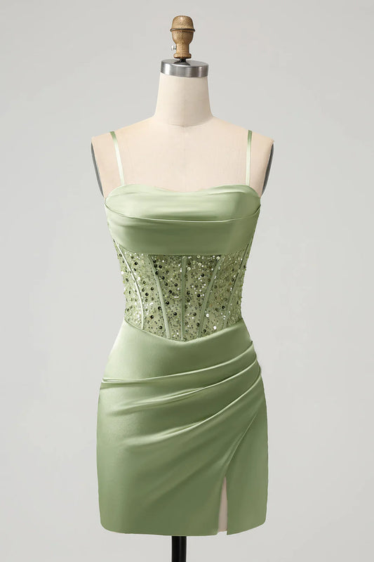 Corset Sequin Mini Homecoming Dress in Sage Green