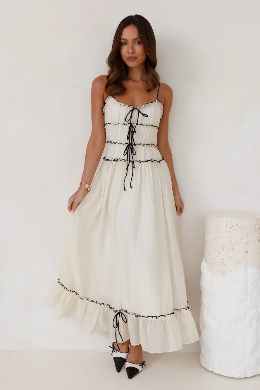 Cream Black Contrast Trim Spaghetti Strap Ruffle Tiered Midi Evening Dresses