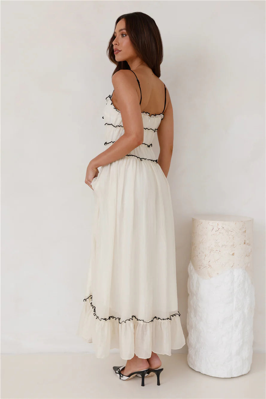 Cream Black Contrast Trim Spaghetti Strap Ruffle Tiered Midi Evening Dresses