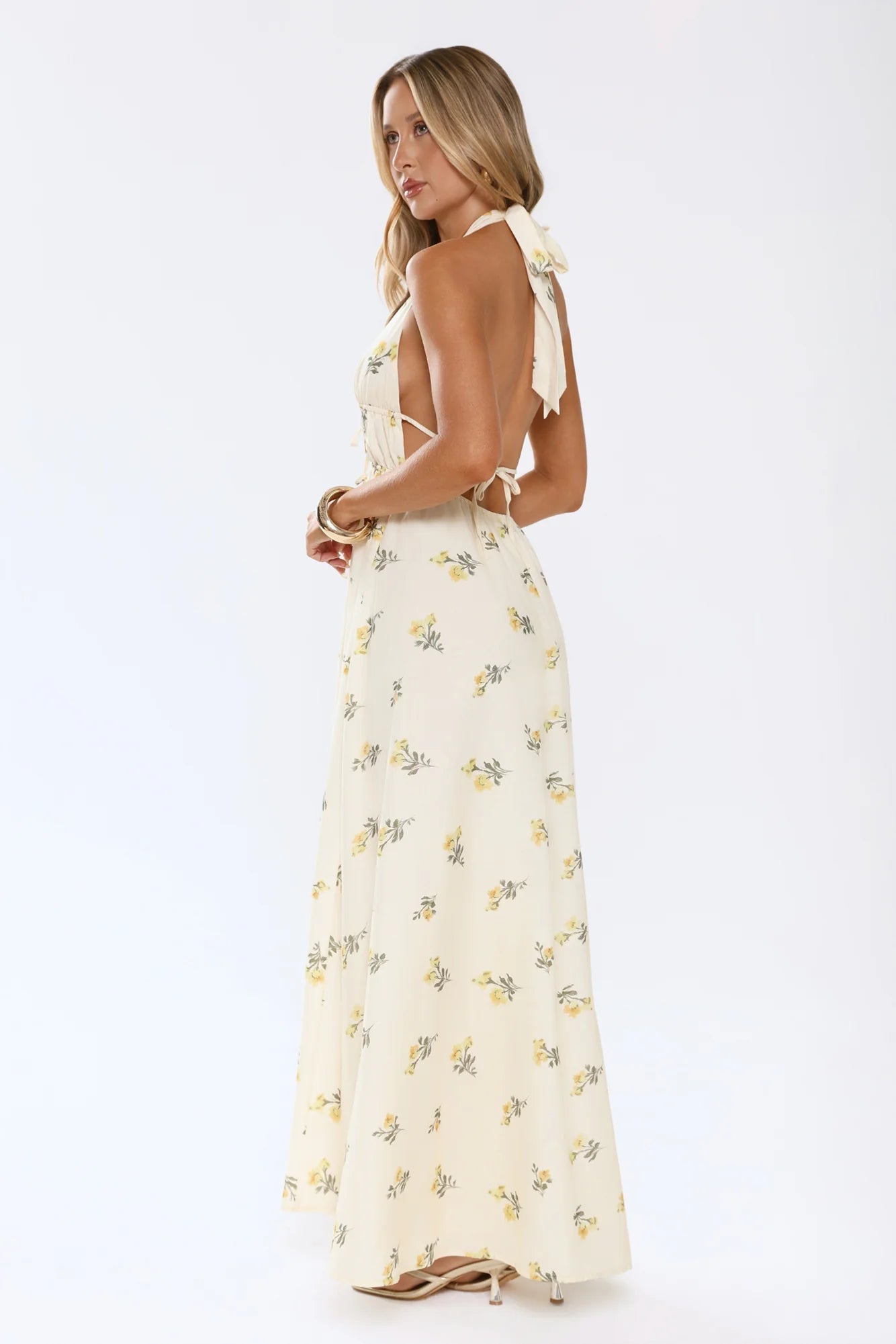 Cream Floral Halter Open-Back Maxi Evening Dresses
