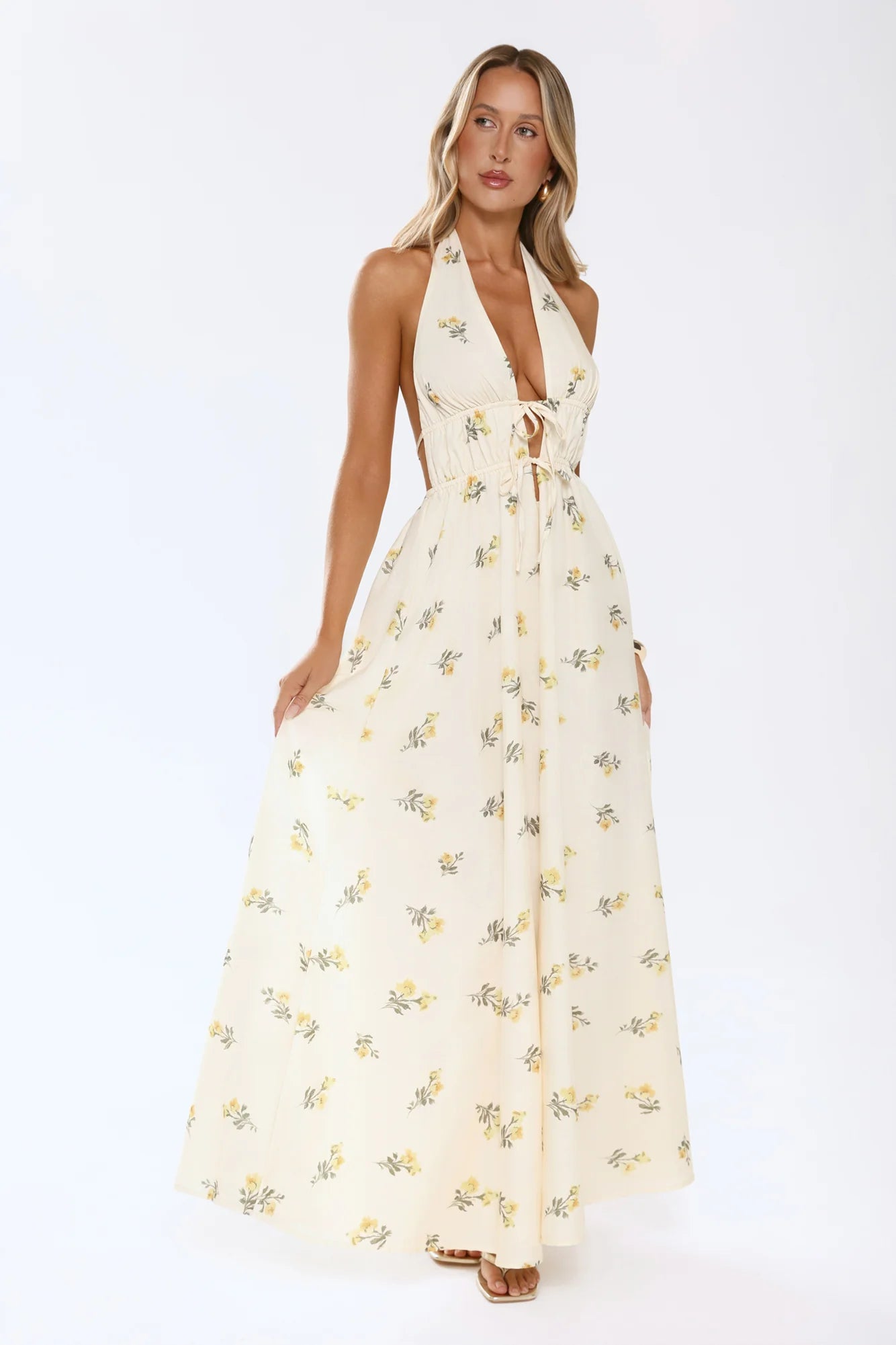 Cream Floral Halter Open-Back Maxi Evening Dresses