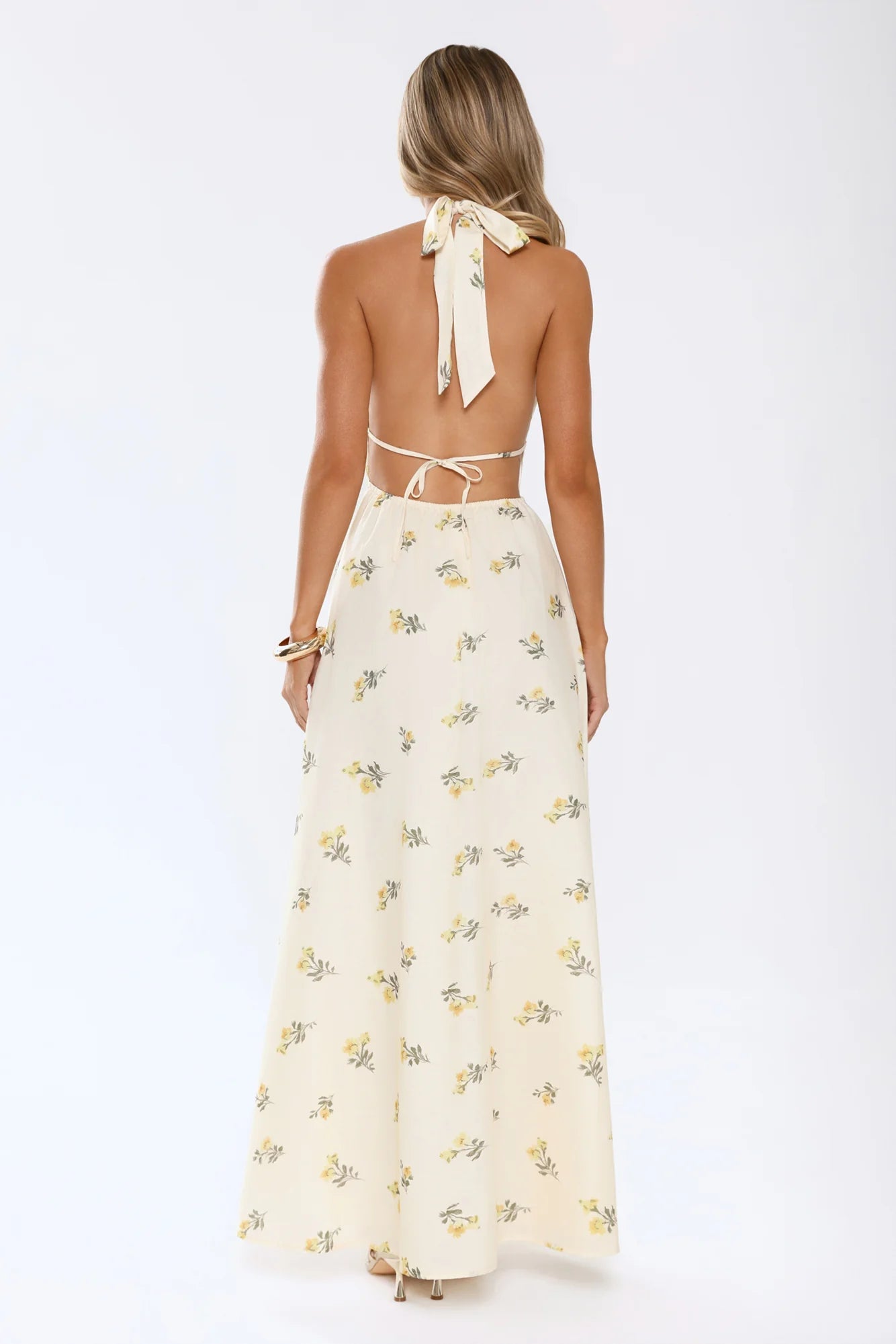 Cream Floral Halter Open-Back Maxi Evening Dresses