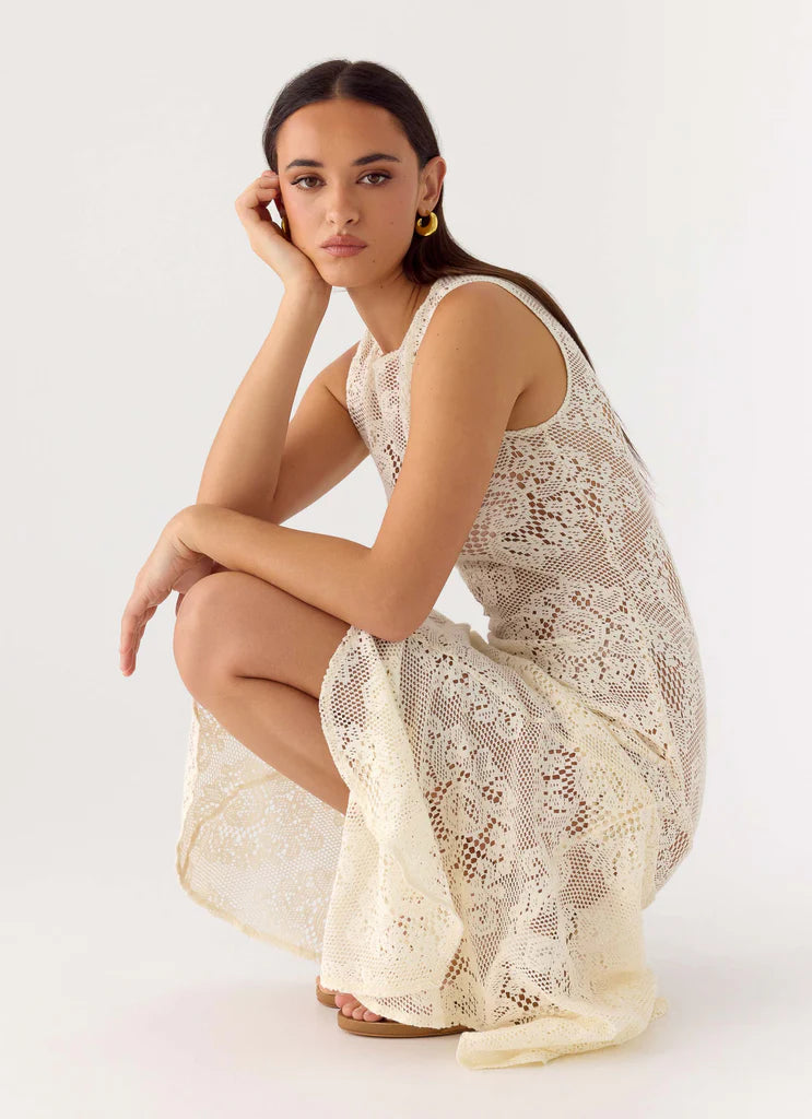 Cream Floral Lace Sleeveless Asymmetrical Hem Midi Dresses