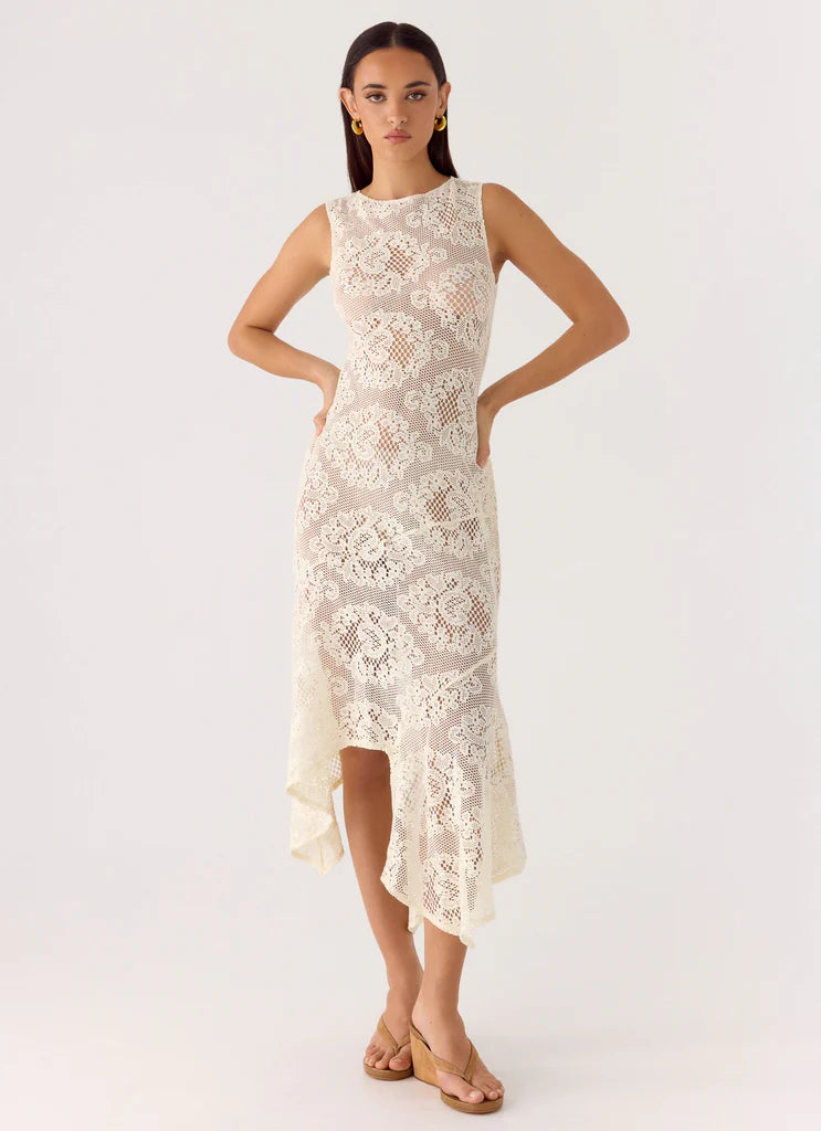 Cream Floral Lace Sleeveless Asymmetrical Hem Midi Dresses