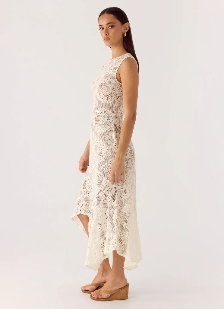 Cream Floral Lace Sleeveless Asymmetrical Hem Midi Dresses