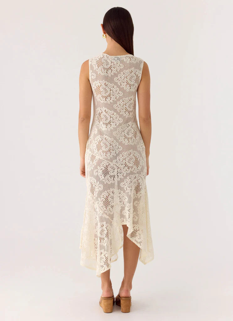 Cream Floral Lace Sleeveless Asymmetrical Hem Midi Dresses