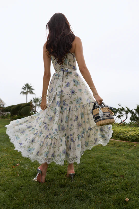 Cream Floral Print Corset Tiered Midi Evening Dresses with Slit
