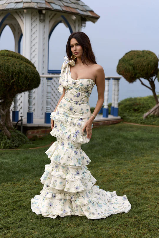 Cream Floral Print One-Shoulder Tiered Mermaid Evening Dresses with Bow