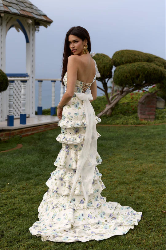 Cream Floral Print One-Shoulder Tiered Mermaid Evening Dresses with Bow