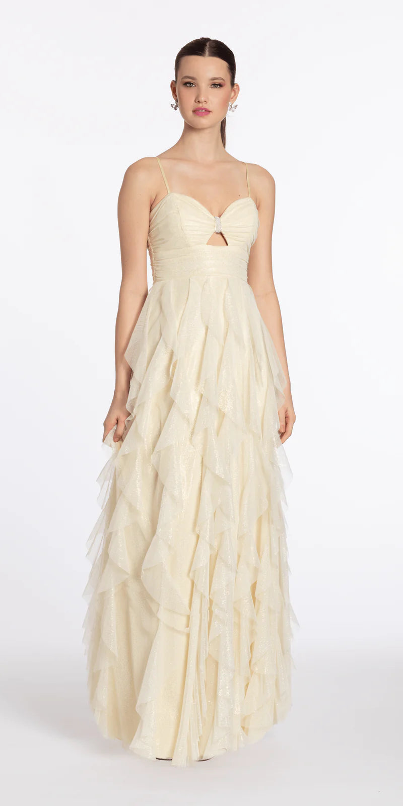 Cream Glitter Tulle Spaghetti Strap Lace-Up Back Tiered Ruffle Maxi Evening Dresses