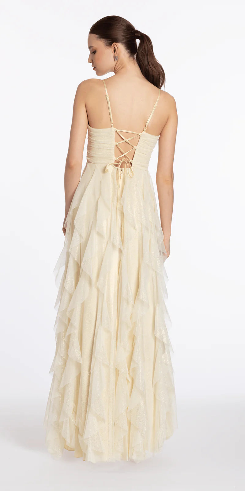 Cream Glitter Tulle Spaghetti Strap Lace-Up Back Tiered Ruffle Maxi Evening Dresses