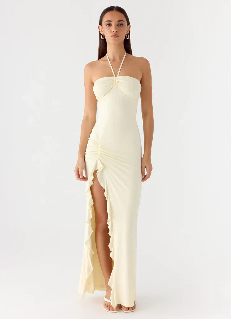 Cream Halter Neck Ruched Ruffle Slit Maxi Prom Dress For Glamorous Formal Evenings