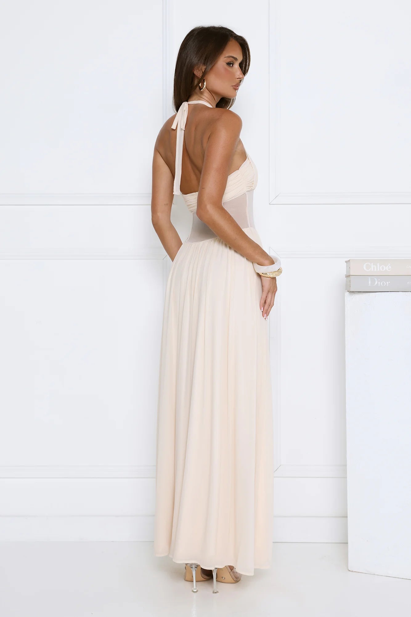 Cream Halter Neck Sheer Corset Chiffon Evening Maxi Dress