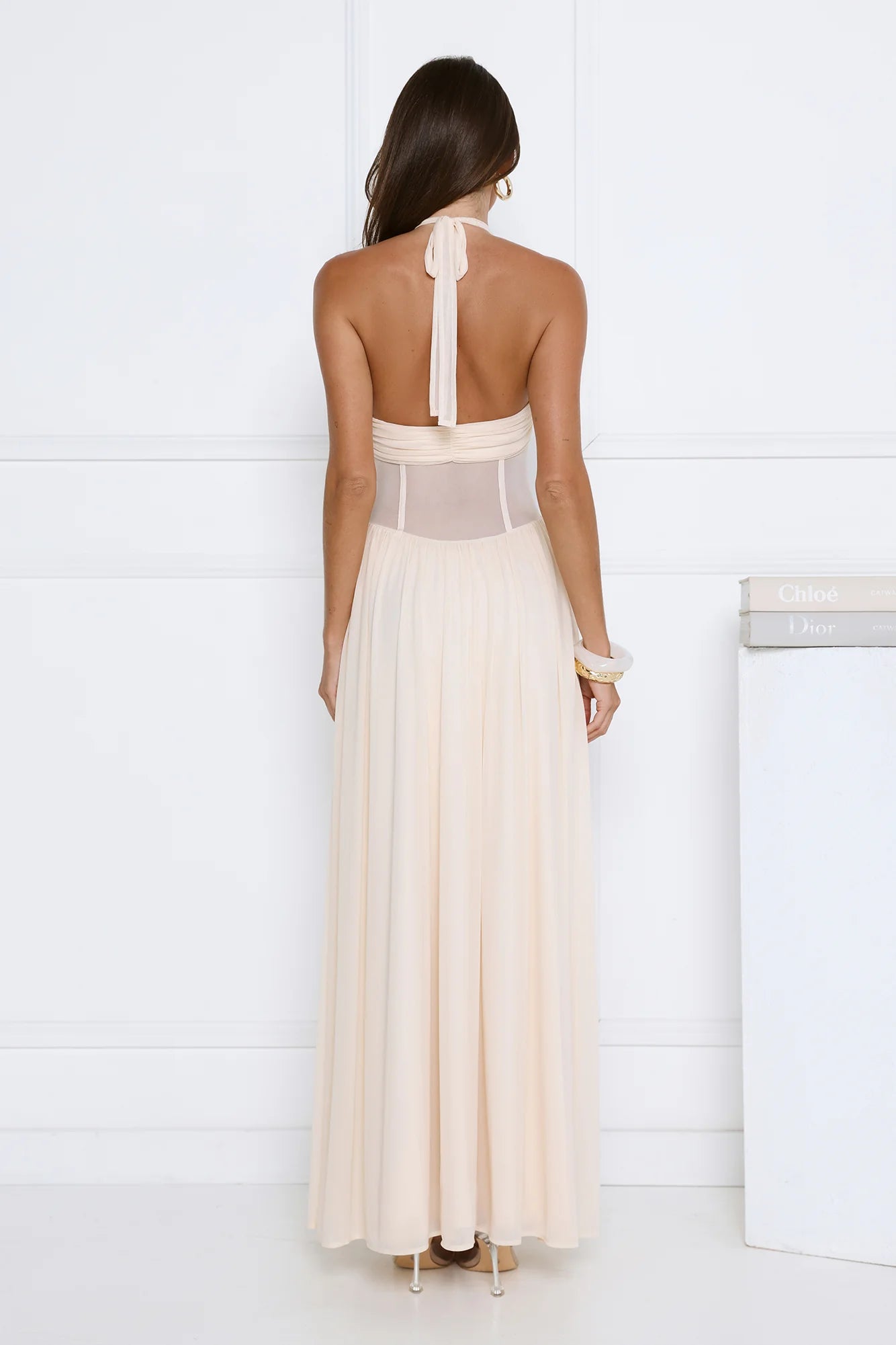Cream Halter Neck Sheer Corset Chiffon Evening Maxi Dress