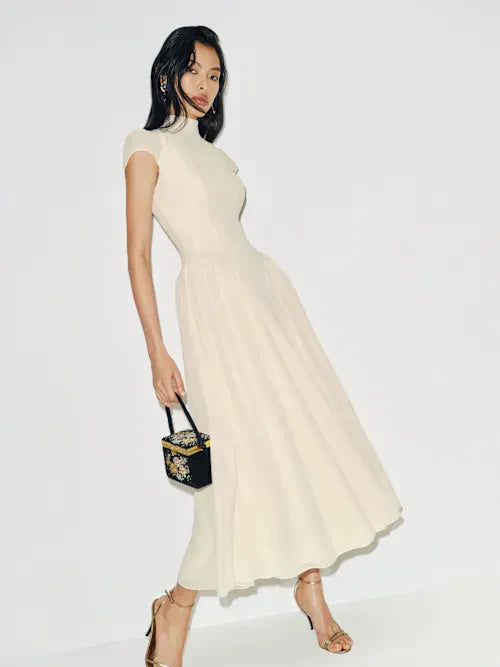 Cream High Neck Cap Sleeve Fit-and-Flare with Chiffon Skirt Prom Dress