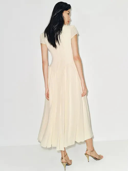 Cream High Neck Cap Sleeve Fit-and-Flare with Chiffon Skirt Prom Dress