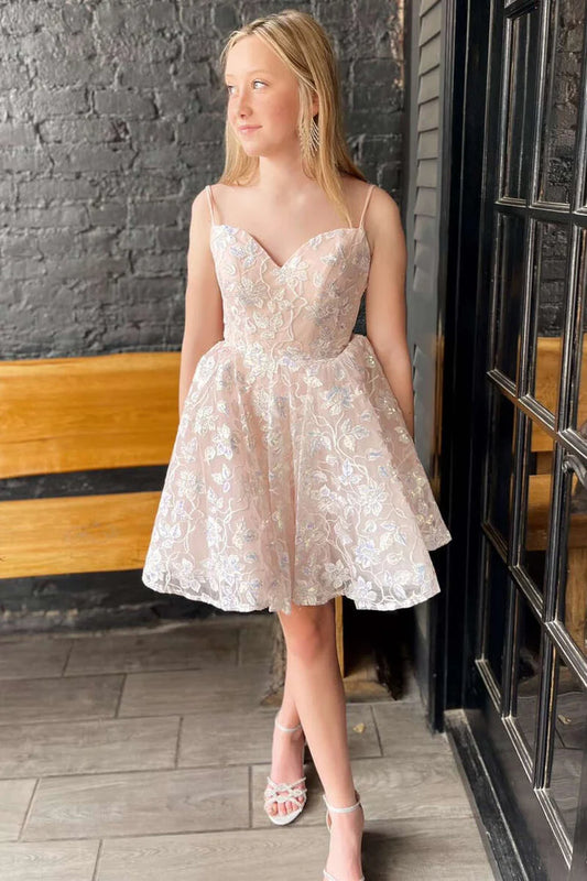 Cream Lace Appliques A-Line Short Party Gown