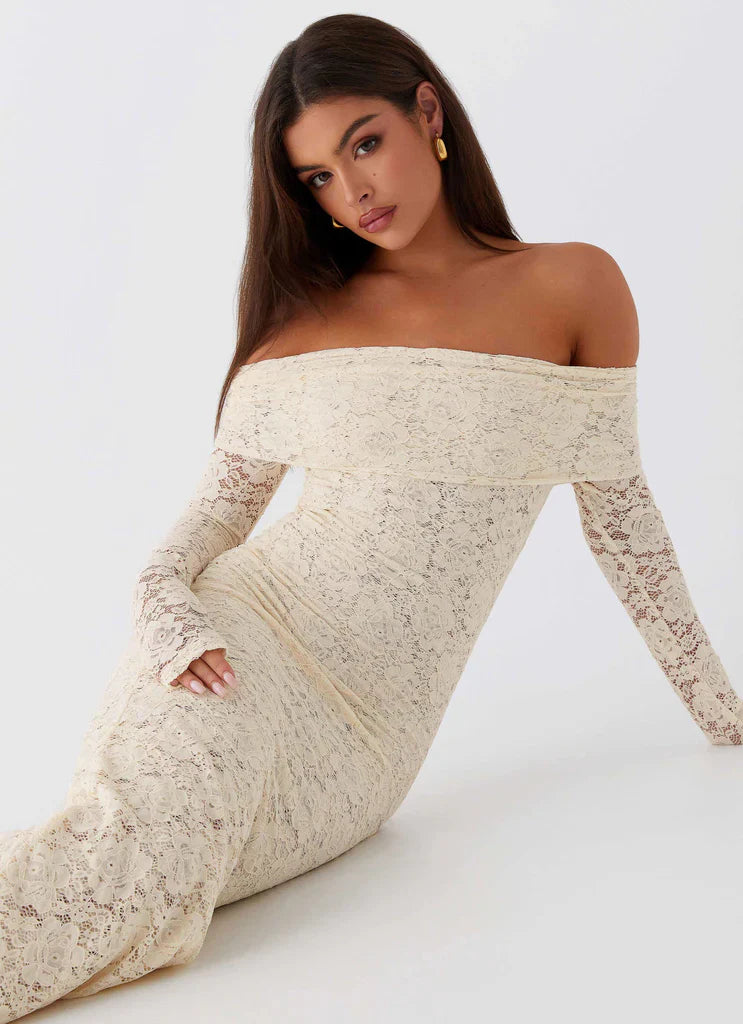 Cream Off The Shoulder Long Sleeve Lace Maxi Prom Dress For Elegant Formal Evening Events