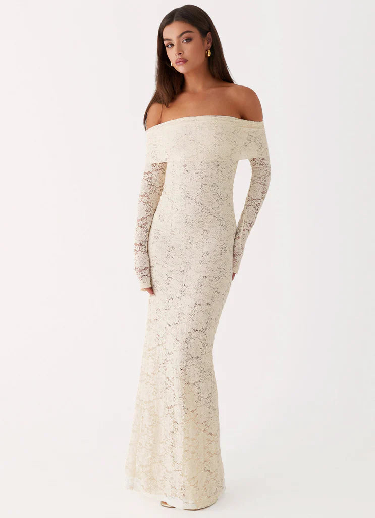Cream Off The Shoulder Long Sleeve Lace Maxi Prom Dress For Elegant Formal Evening Events