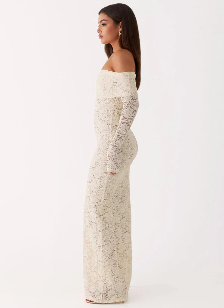 Cream Off The Shoulder Long Sleeve Lace Maxi Prom Dress For Elegant Formal Evening Events