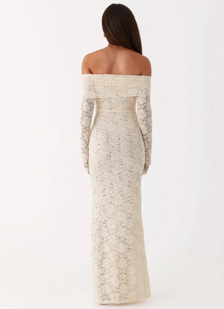 Cream Off The Shoulder Long Sleeve Lace Maxi Prom Dress For Elegant Formal Evening Events