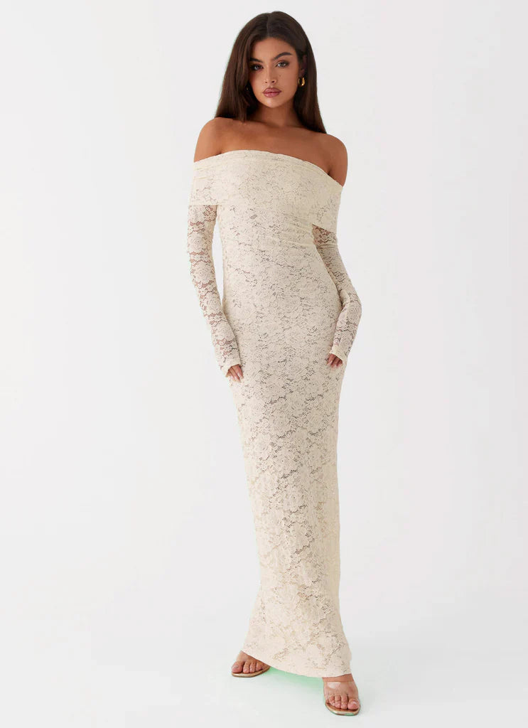 Cream Off The Shoulder Long Sleeve Lace Maxi Prom Dress For Elegant Formal Evening Events