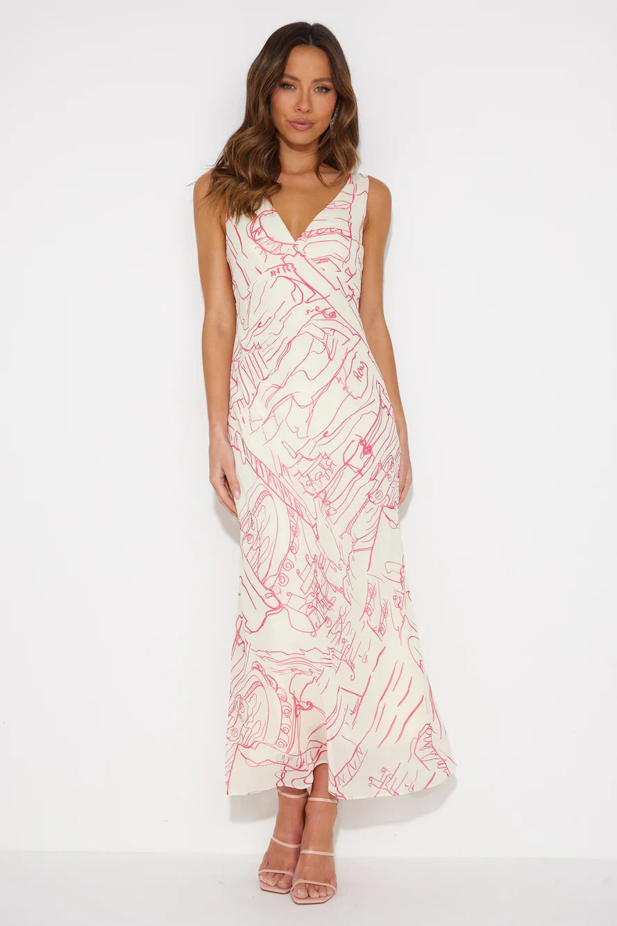 Cream Pink Abstract Print Sleeveless V-Neck Midi Dresses