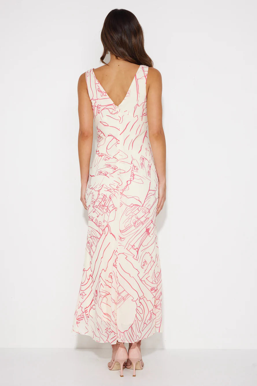 Cream Pink Abstract Print Sleeveless V-Neck Midi Dresses